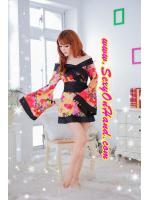 ชุดกิโมโน สไตล์นางรำญี่ปุ่น แนวเกอิชา ปลายแขนบาน สีสด โทนดำ-ส้ม สวยเซ็กซี่ เย้ายวน พร้อมจีสตริงเข้าชุดคะ