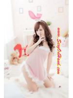 ชุดแฟนซี ชุดคอสเพลย์ บันนี่สาว กระต่ายน้อยสีชมพู เดรสผ้ายืดสีชมพู ชายเล่นระดับ แต่งขนฟู สีขาว +คาดผมหูกระต่ายสีชมพู+ G-string