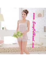 ชุดนอน คุณหนู ชุดนอนกางเกง ชุดนอน สายเดี่ยวแฟชั่น สีชมพูอ่อน เนื้อผ้ายืด เนื้อCotton ผสมสเปนเด็กซ์ (Spandex) อย่างดี แบบชุดน่ารัก ใสๆหวานๆ แต่งเว้าชายพร้อมติดขอบระบาย เนื้อผ้ามีน้ำหนัก ทิ้งตัว นุ่มลื่น สวมใส่เย็นสบาย แบบชุดคุณหนูลุคหวานมากๆเลยคะ