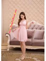 ชุดนอนสายเดี่ยว ชุดนอนซาติน หรูๆ สไตล์คุณหนู หวานๆ สีเบจชมพู แต่งผ้าซีทรูปักลูกไม้ช่วงต่อใต้อก และกระโปรง สองชั้น แบบน่ารัก หรูหรา มากค่ะ