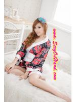 ยูกาตะ กิโมโน เสื้อคลุมญี่ปุ่น ชุดแฟนซี ชุดกิโมโนสั้น ลายซากุระ สีดำแดง แต่งขอบชายเสื้อและปลายแขนขาว ติดโบว์ขาว สีเย้ายวน เซ็กซี่ แบบหวานซ่อนเปรี้ยว คะ ขนาด Free size