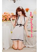 ชุดนอนคล้องคอ ซีทรู สีขาว แต่งลูกไม้ขาว เล่นริบบิ้นดำ ช่วงอก เนื้อผ้านุ่มลื่น แบบชุดน่ารัก หวานๆ คะ+G-string เข้าชุดจร้า