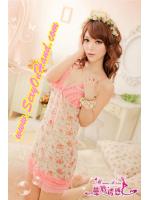 ชุดนอนเซ็กซี่ สายเดี่ยว สีครีมออกโทนส้ม ลายดอกไม้สีชมพู เนื้อผ้าซีทรู เบาๆ แต่งขอบชายกระโปรง แต่งจีบช่วงอก สวยหวาน มากๆ+G-string