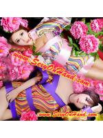 **New**กิโมโน สั้น สไตล์นางรำญี่ปุ่น แนวเกอิชา ลายริ้วสีสดโทนเหลืองส้ม ขลิบชายชุดสีม่วง ปลายแขนลำโพงบาน พร้อมผ้าคาดเอวและโบว์สำเร็จ แบบชุดสไตล์เปิดไหล่เซ็กซี่ เย้ายวน +จีสตริงเข้าชุดคะ