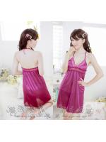 ชุดนอนเซ็กซี่ คล้องคอ ผ้าไหมเทียม สีม่วง ผ้่าลื่น ผ้านุ่ม เย็นสบาย คล้องคอ เล่นขอบลูกไม้ช่วงอก และช่วงต่อระหว่างอกกับกระโปรง ＋พร้อมจีสตริง เข้าชุด