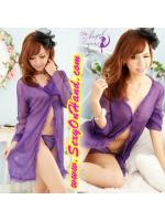 ชุด คลุม เซ็กซี่ ม่วง ชุดคลุมนอน ซีทรู สีม่วง ผ้าซีทรู ตัวยาว แต่งขอบลูกไม้ แบบหรูหรา คลาสสิคเลยคะ +จีสตริง เข้าชุด