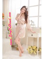 เสื้อคลุม เซ็กซี่ ชุดคลุม อาบน้ำ กิโมโน ผ้าไหมเทียม สีเบจ Nude สีสวย ไฮโซ แบบเรียบ เก๋ หรู เนื้อผ้านิ่ม ลื่น ใส่เย็นสบาย พร้อมสายผูก + กางเกงใน G-string เข้าชุด