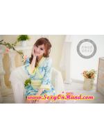 ชุดคอสเพลย์ แฟนซี ญี่ปุ่น กิโมโนสั้น ประยุกต์ ชุดคลุมเซ็กซี่ ลายดอก สีเขียวอมฟ้า แต่งสายคาด และขลิบขอบเหลือง กระโปรงจีบรอบ สวยหวาน น่ารัก แบบคุณหนูโนเน๊ะ +G stringเข้าชุดคะ