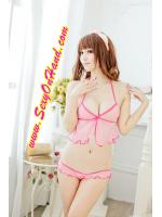 บิกินี่ เซ็ท ทูพีซ ชุดบิกินี่ แต่งชายระบายขอบ ผ้าซีทรูสีชมพูหวาน ขลิบขอบชมพูเข้ม กางเกงในเป็น G string แบบเปิดเป้า สองเส้น สวยหวาน น่ากินมั่กมั่กค่า