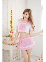 ชุดคอสเพลย์ ชุดนักเรียนญี่ปุ่น เอวลอย กระโปรงอัดจีบ สีชมพู แต่ชายขลิบขาว ผูกโบว์ หน้าอก แบบใสๆ หวานๆ น่ากินมากๆคะ