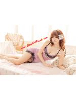 ชุดนอนซีทรู สายเดี่ยว สีม่วงอ่อน ชายเล่นระดับแต่งขอบลูกไม้ดำ เนื้อผ้าโปร่ง บางเบา + พร้อมจีสตริง เข้าชุด