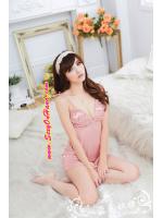 ชุดนอนเซ็กซี่ ชุดคล้องคอ ผ้าซาติน สีพีช ออกนูท แต่งลูกไม้และเย็บระบายช่วงอก เนื้อผ้านุ่มลื่น แบบชุดใสๆ สีหวานสไตล์คุณหนูเลยคะ +จีสตริงเข้าชุด