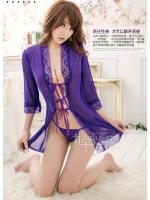 ชุด คลุม เซ็กซี่ ม่วง ชุดคลุมนอน ซีทรู สีม่วง ผ้าซีทรู แต่งขอบลูกไม้ สีเดียวกับตัวชุด ด้านหน้ามีริบบิ้นสำหรับผูก แบบหรู +จีสตริง เข้าชุด
