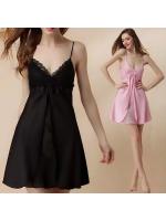 ชุดนอนผ้าไหม ชุดนอน ผ้าไหม งานเกรด AAA สีชมพู แชมเปญ สวยหรูไสตล์คุณหนู แบบกระโปรงสองชั้น แต่งลูกไม้ปักช่วงอก ติดริิบบิ้น สวย หรู คลาสสิค ขนาด Free Size