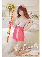 ชุดนอน เซ็กซี่ ชุดนอน ผ้าซีทรู ชุดนอนสายเดี่ยว ผ้าบางเบา แต่งลูกไม้ช่วงอก สีขาว ตัวชุด สีชมพูสด แบบสีทูโทนหวานๆ แต่เซ็กซี่มากมายคะ แบบชุดแหวกหน้า แต่งริบบิ้น +จีสตริง เข้าชุดกันคะ