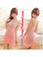 ชุดนอน เซ็กซี่ ชุดนอน ซีทรู สายเดี่ยว สีแอปริคอทApricot ออกโอรสอ่อนๆ เนื้อผ้ามีน้ำหนัก ทิ้งตัว แต่งลูกไม้ช่วงอก ชายกระโปรงเล่นระบาย 3ชั้น แบบชุด สีหวาน สวย คุณหนูปนเซ็กซี่คะ ＋ G string เข้าชุด