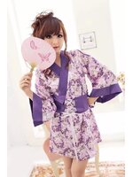 ชุดกิโมโนลายดอกสีม่วง แต่งเว้าแขน สีหวาน สวยหรู +G-string เข้าชุด