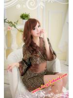 ชุดกิโมโน ชุดคลุมญี่ปุ่น กิโมโนสั้น ลายเสือ สีน้ำตาลทอง พร้อมสายคาดเอว ปรับระดับได้ ติดโบว์สำเร็จในตัว ผ้าไหมเทียม นิ่มลื่น เนื้อดี +G string เข้าชุด