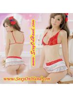 ชุดบิกินี่ เซ็กซี่ ลูกไม้สีแดง คู่กับกระโปรงสีขาวแต่งขลิบขอบแดง เนื้อผ้าลูกไม้เกรดเอ นุ่มใส่สบาย ชิ้นบน สามารถใส่คู่กับจีสตริง หรือกระโปรง มีแถมให้ สองแบบเลือกใส่เลยคะ