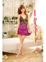 ชุดนอนเซ็กซี่ สายเดี่ยว ซีทรูลูกไม้ดำ แต่งกระโปรงด้วยเนื้อผ้าซาติน สีม่วง เล่นระบาย3ชั้น +G string เข้าชุดคะ