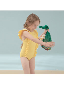 kidsumplay oneshoulder ruffle ชุดว่ายน้ำเด็กหญิงป้องกัน UV แบบระบายไหล่และข้าง