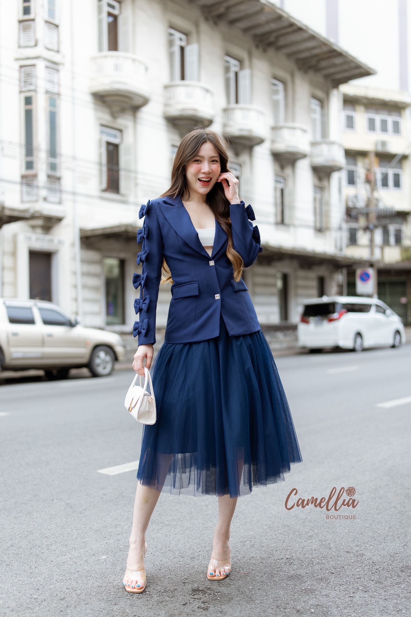 ชุดเซทแฟชั่น ชุดSet เสื้อBlazer แขนโบแต่งกระดุมเพชรด้านหน้า