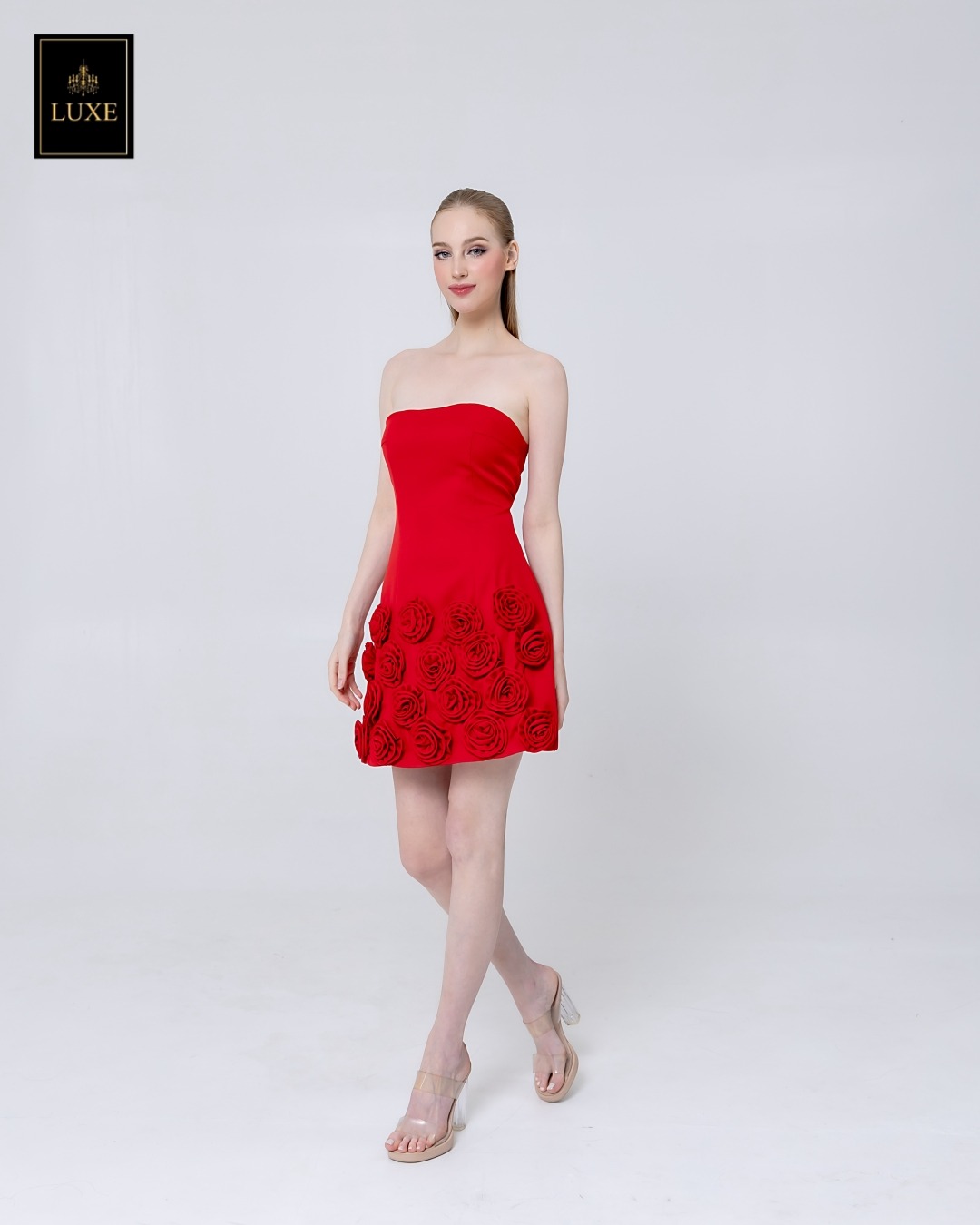 เดรสแฟชั่น เดรสเสื้อเกาะอก กระโปรงทรงเอ ทำจากผ้าฝ้ายผสมโพลีเอสเตอร์ เนื้อนุ่มยืดหยุ่น ใส่สบาย