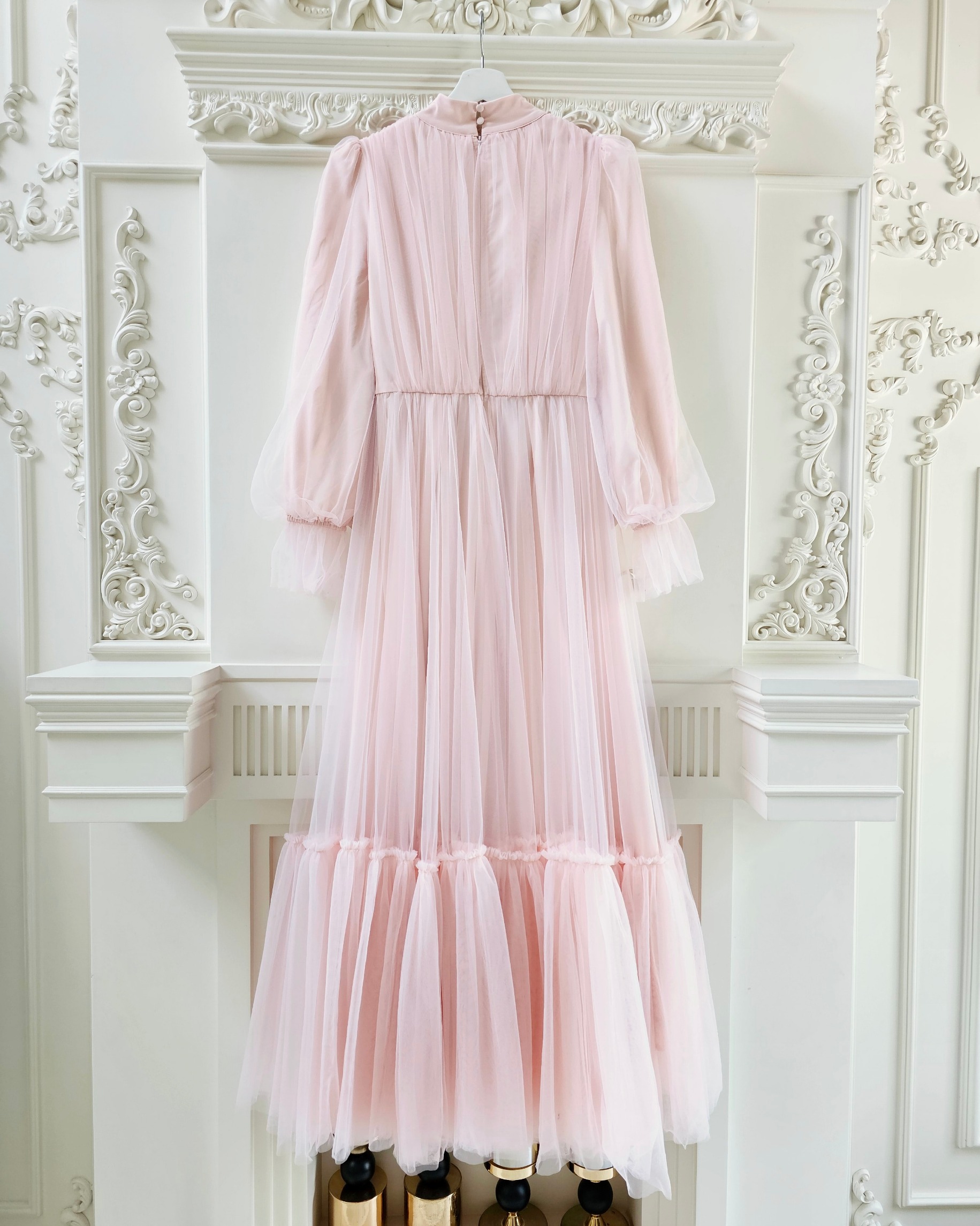 เดรสแฟชั่น แม็กซี่เดรสเสื้อคอปีนแขนยาว กระโปรงบานต่อชายรูดระบายรอบตัว