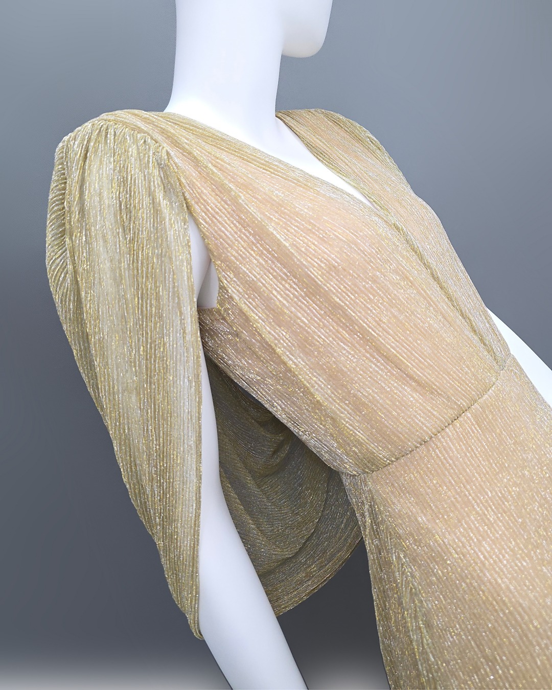 เดรสแฟชั่น เดรสเสื้อวี กระโปรงทรงสอบ มีผ้าคลุมไหล่คอถ่วงด้านหลัง ทำจากผ้าราเม่อัดพลีท