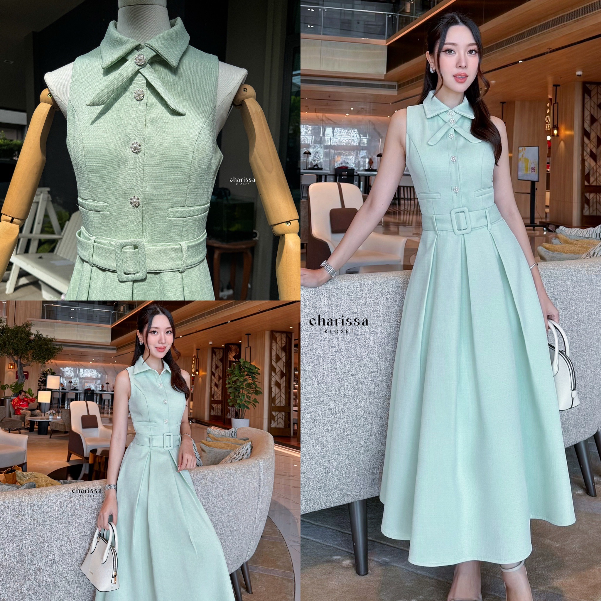 เดรสแฟชั่น เดรสผ้าพรีเมี่ยม มาพร้อมเข็มขัดและโชเกอร์