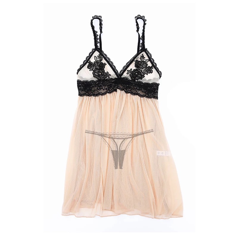 ชุดนอน เดรสซีทรู สีพีชอ่อน แต่งลูกไม้ปักสีดำ งานสวย เนื้อผ้าทิ้งตัว หรูมากคะ