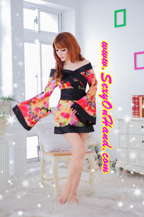 ชุดกิโมโน สไตล์นางรำญี่ปุ่น แนวเกอิชา ปลายแขนบาน สีสด โทนดำ-ส้ม สวยเซ็กซี่ เย้ายวน พร้อมจีสตริงเข้าชุดคะ