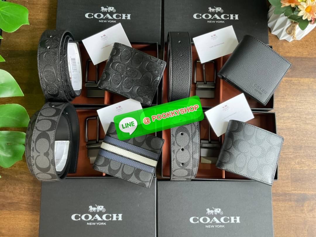 Coach Short Wallet with Belt Set ซื้อ1ได้ถึง 2 💕 Coach Box Set เซตสุดคุ้ม!! มาพร้อมกล่องสุดหรู กระเป๋าสตางค์ + เข็มขัด ชุดกระเป๋าสตางค์ใบสั้น และ เข็มขัด ปั้มโลโก้แบรนด์ คุณภาพดี💕 โดดเด่นด้วยดีไซน์เรียบหรู และ มีเอกลักษณ์เฉพาะตัว กระเป๋าสต