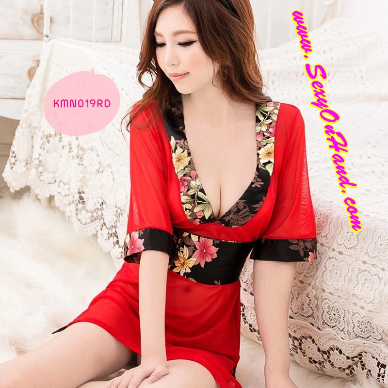 ชุดเซ็กซี่ กิโมโน สีแดงสด แต่งแหวกอก ขอบดำลายซากุระ +สายคาดเอว ลายซากุระ แต่งแหวกขาเพิ่มความเซ็กซี่