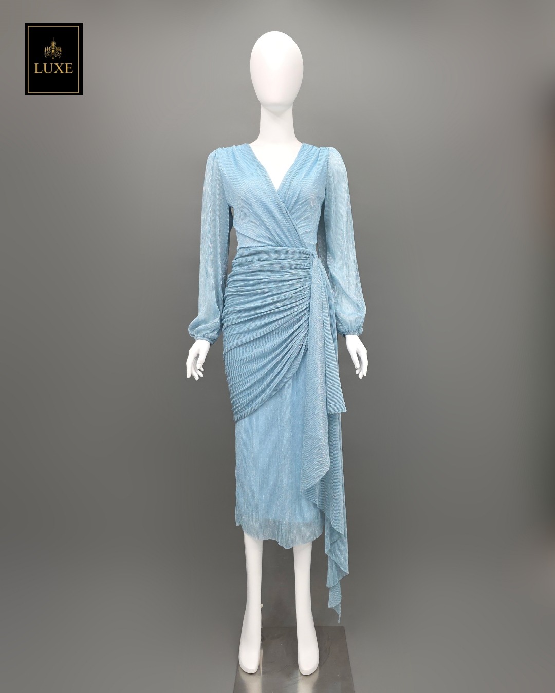 เดรสแฟชั่น เดรสเสื้อคอวีป้าย แขนยาว กระโปรงป้ายจับเดรป แต่งชายระบาย