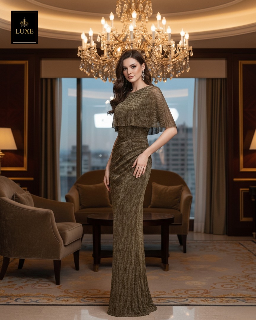 เดรสแฟชั่น เดรสเสื้อคอกลมแขนกุด ดีเทลเป็นเสื้อคลุมไหล่ในตัว กระโปรงทรงสอบจับเดรป