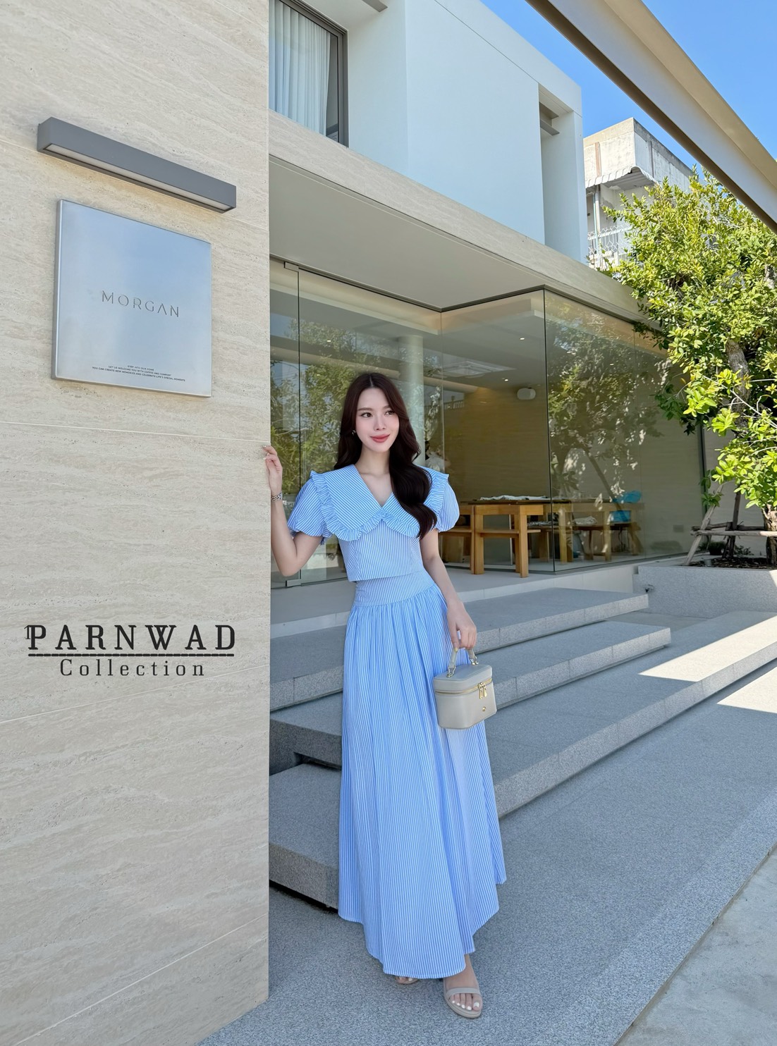 ชุดเซทแฟชั่น Set เสื้อคอปกแขนตุ๊กตาซิปหลัง มาพร้อมกับกระโปรงเอวสูงจับจีบ