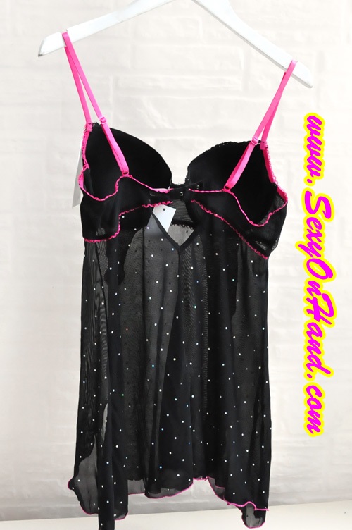 ชุดนอนเซ็กซี่ ชุดนอนซีทรู สายเดี่ยวสีดำ บราแต่งขอบและริบบิ้นสีชมพูสด ตัวกระโปรงแต่งแหวก ติดเลื่่อมเงิน สวยหรูสุดๆคะ Size:B70/B75/ฺB80