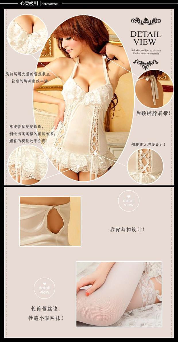 ชุดนอนเซ็กซี่ ชุดนอน ซีทรู ชุดนอน เดรสสั้น ผ้าซาติน แต่งซีทรูลูกไม้ เกรดดีเนื้อนุ่ม สีขาว แบบชุดสไตล์คอร์เซ็ต สีขาว แต่งริบบิ้นร้อยด้านหน้า เซ็กซี่ วับๆแวมๆ กระโปรงแต่งระบายลูกไม้2ชั้น (ตัวชุดมีสายรัดถุงน่องในตัว) +G string เข้าชุด