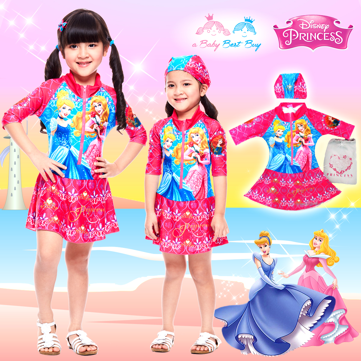 ( สำหรับเด็กอายุ 6เดือน-14 ปี ) Swimsuit for Girls ชุดว่ายน้ำ เด็กผู้หญิง Disney Princess สีชมพู บอดี้สูทเสื้อแขนยาว ด้านล่างเป็นกระโปรง สกรีนลาย เจ้าหญิง ซินเดอเรลล่า ออโรร่า มาพร้อมหมวกว่ายน้ำ สุดน่ารัก ใส่สบาย ลิขสิทธิ์แท้