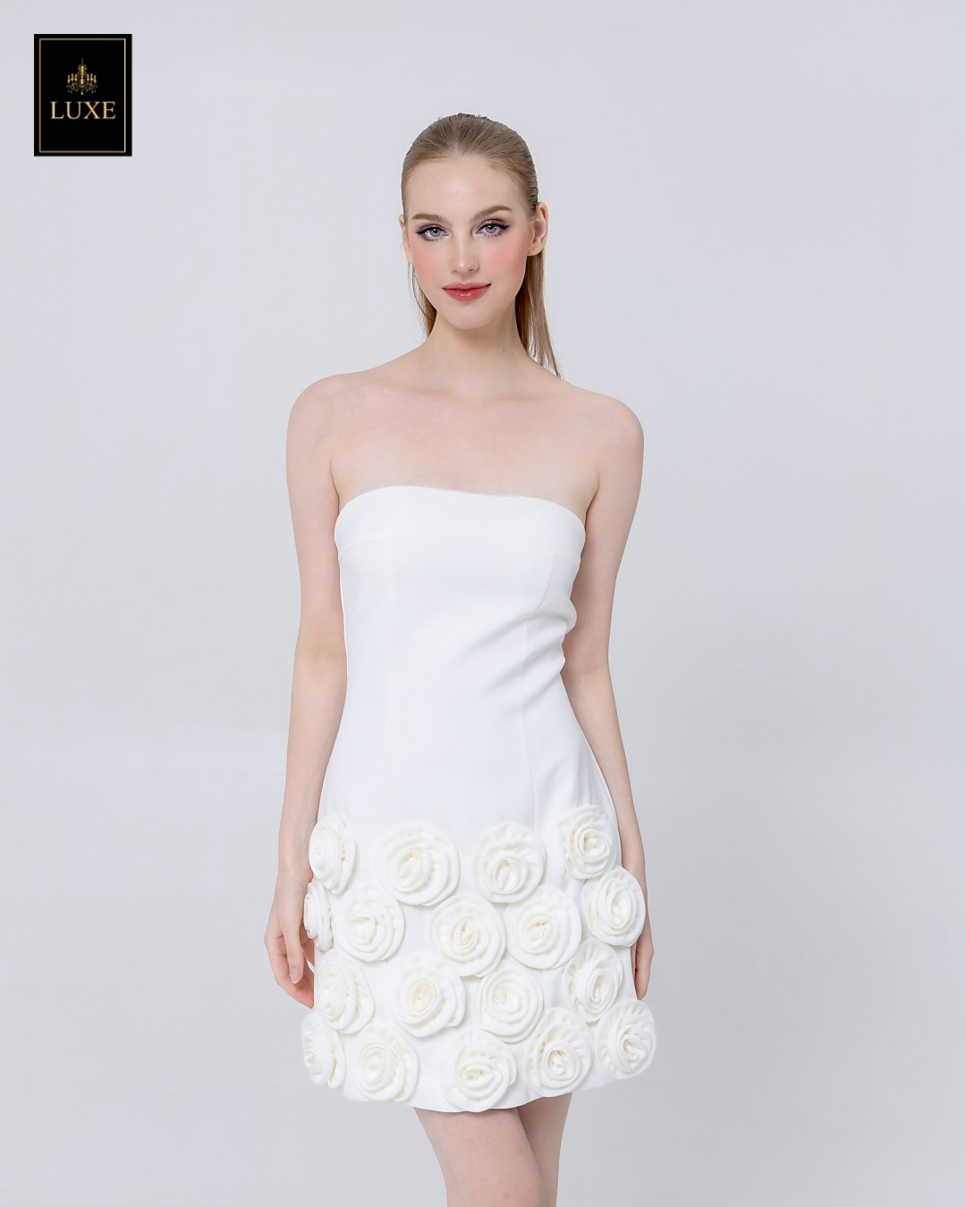 เดรสแฟชั่น เดรสเสื้อเกาะอก กระโปรงทรงเอ ทำจากผ้าฝ้ายผสมโพลีเอสเตอร์ เนื้อนุ่มยืดหยุ่น ใส่สบาย