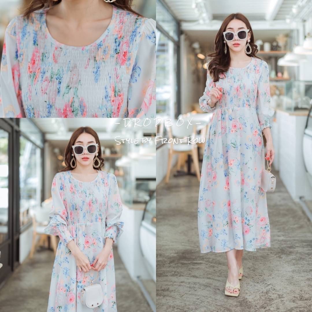 DROPBOX Style by Front Row Sweet Flora On Maxi Dress หวานๆกับเดรสพิมพ์ลายดอกไม่รุ่นนี้ ผ้าใส่สบายมากๆ ทรงปล่อยๆ ช่วงอกด้านหน้าสม๊อกปล่อยชายบาน น่ารักหวานมากๆ