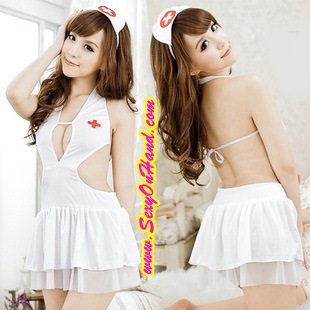 ชุดคอสเพลย์ พยาบาล ชุดเดรส ขาว เว้าเอว นางพยาบาล สีขาว กระโปรงแต่งชาย ชีฟอง +คาดผมพยาบาล +ถุงน่องตาข่ายเขุ้าชุดคะ