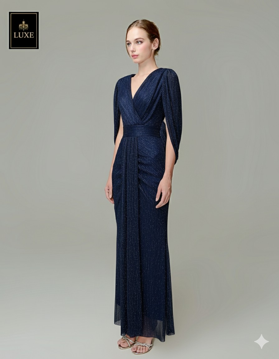 เดรสแฟชั่น แม็กซี่เดรสเสื้อคอวีคลุมแขน กระโปรงเข้ารูปตรงสะโพก