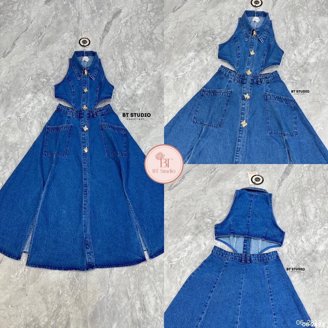 เดรสแฟชั่น เดรสยีนส์แขนกุดคอปกกระดุมหน้า เว้าเอวไปด้านหลัง ผ่าข้างสูงด้านหน้าทั้งสองข้าง