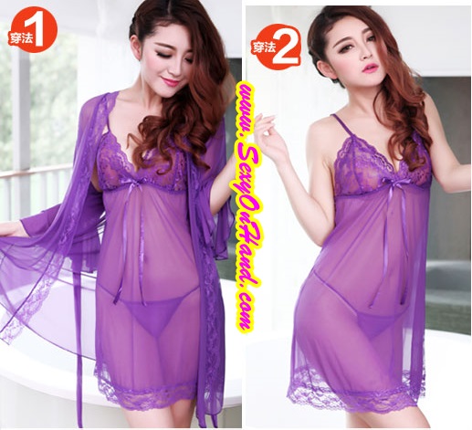 ชุดคลุม เซ็ท ชุดนอนสายเดี่ยว แต่งระบายเนื้อผ้าซีทรู สีม่วง ผ้าเกรดพรีเมี่ยม ทิ้งตัว สวยหรู มีน้ำหนัก ในเซ็ทประกอบด้วย :ชุดคลุมตัวนอก +สายเดี่ยว +G-string