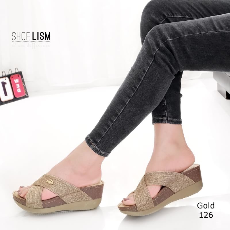 พร้อมส่ง รองเท้าส้นเตารีดหน้าไขว้ สไตล์ลำลองแบบสวมหนังกลิตเตอร์ นิ่มแบบสวมไขว้