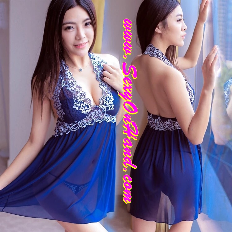 ชุดนอนคล้องคอ ซีทรู สีน้ำเงินเข้ม แต่งลูกไม้ขาว เนื้อผ้าเกรดพรีเมี่ยม สวยหรู ทิ้งตัว มากๆคะ +G-string แต่งลูกไม้เข้าชุด