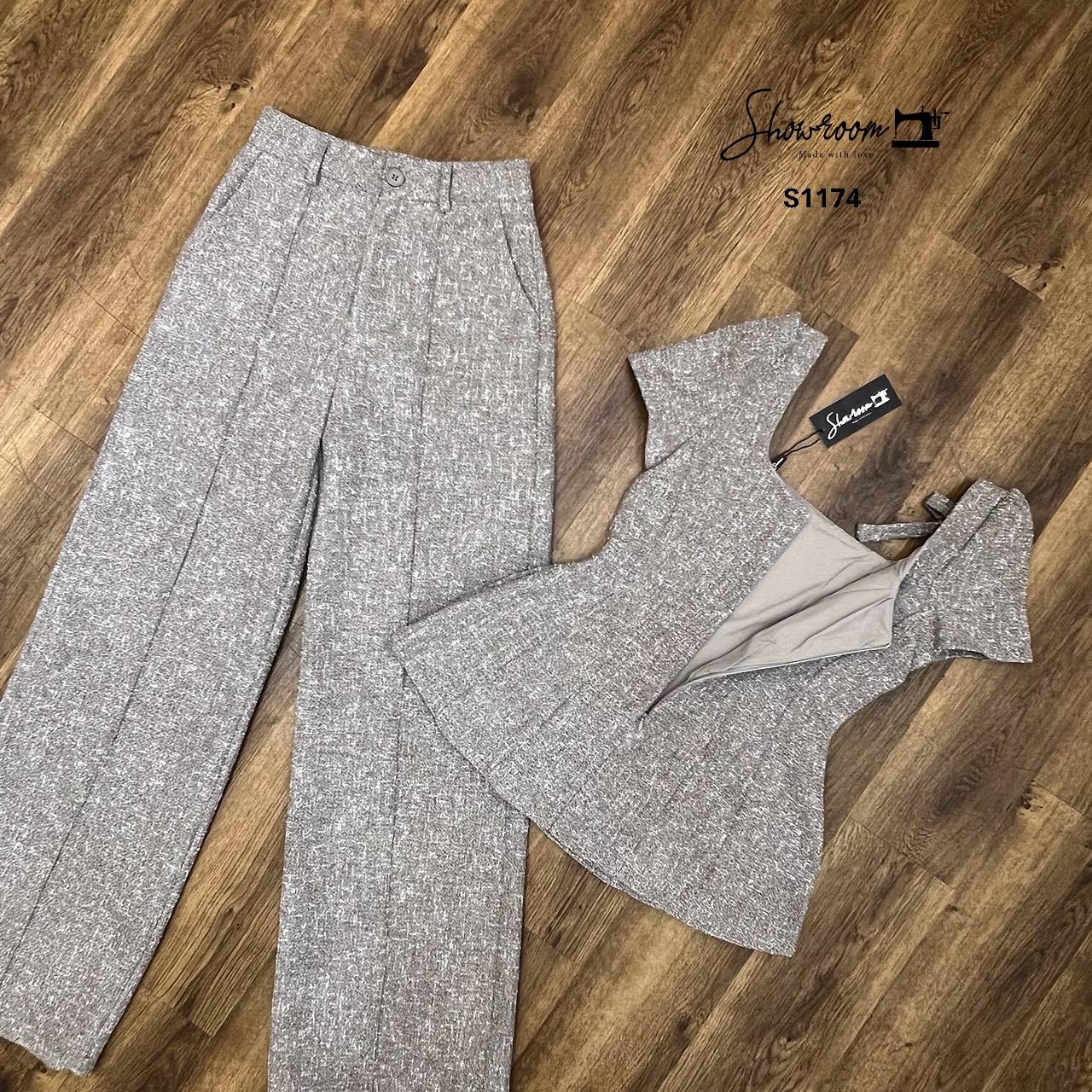 ชุดเซทแฟชั่น เซ็ตเสื้อแขนสั้น คอเหลี่ยม แต่งโบว์ มาพร้อมกางเกงขายาวทรงสวยเข้าเซ็ต