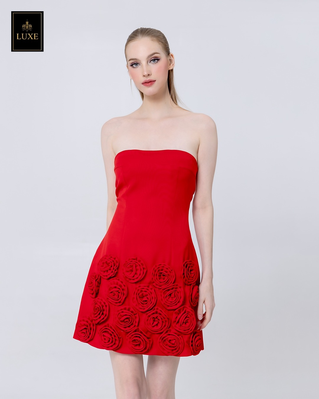 เดรสแฟชั่น เดรสเสื้อเกาะอก กระโปรงทรงเอ ทำจากผ้าฝ้ายผสมโพลีเอสเตอร์ เนื้อนุ่มยืดหยุ่น ใส่สบาย